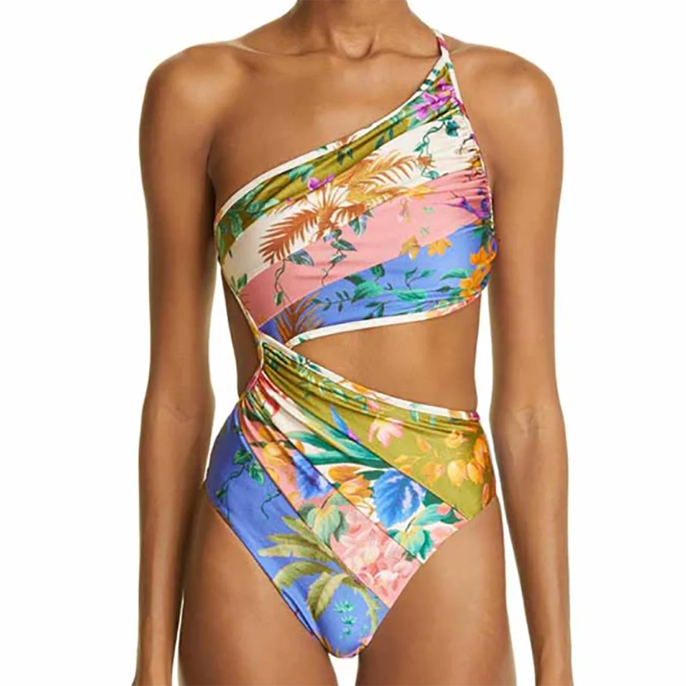 

Sexy Floral Cutout The-shoulder Bikini Colorblock One-piece Swimsuits Summer Swimming Swimwear Women Beach Wear Lace Up Backless