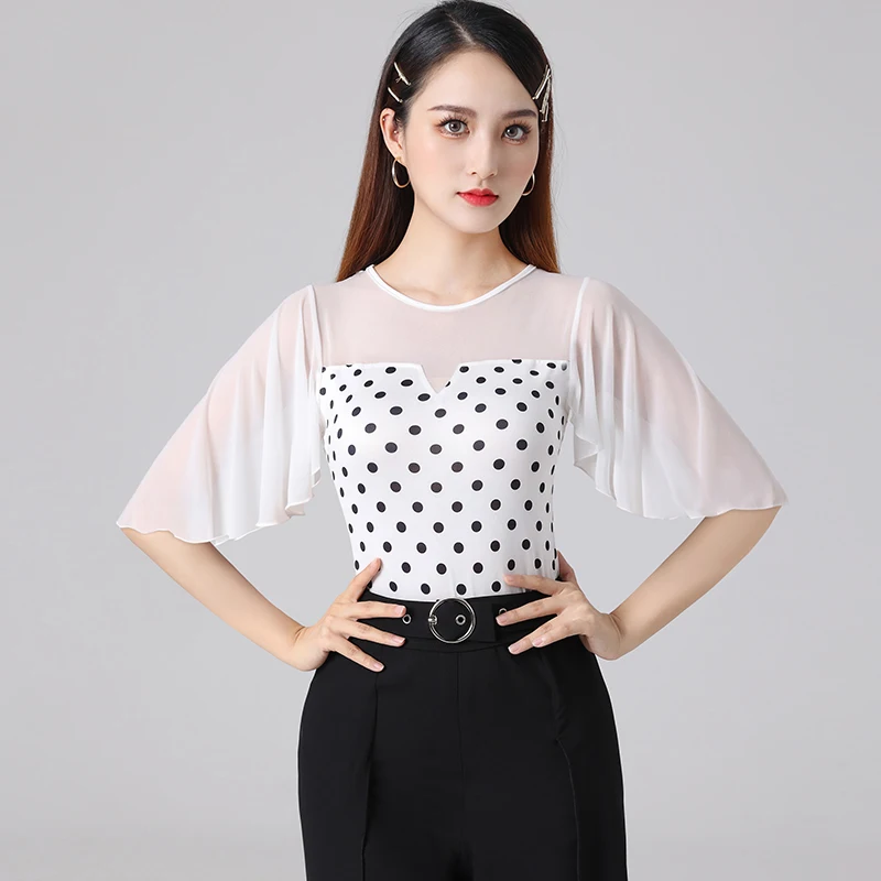 

Latin Dance Tops Female Adult Rumba Tango Practice Clothing White/Black Spot Jumpsuit Modern Standard Dance One-Piece DQL7321
