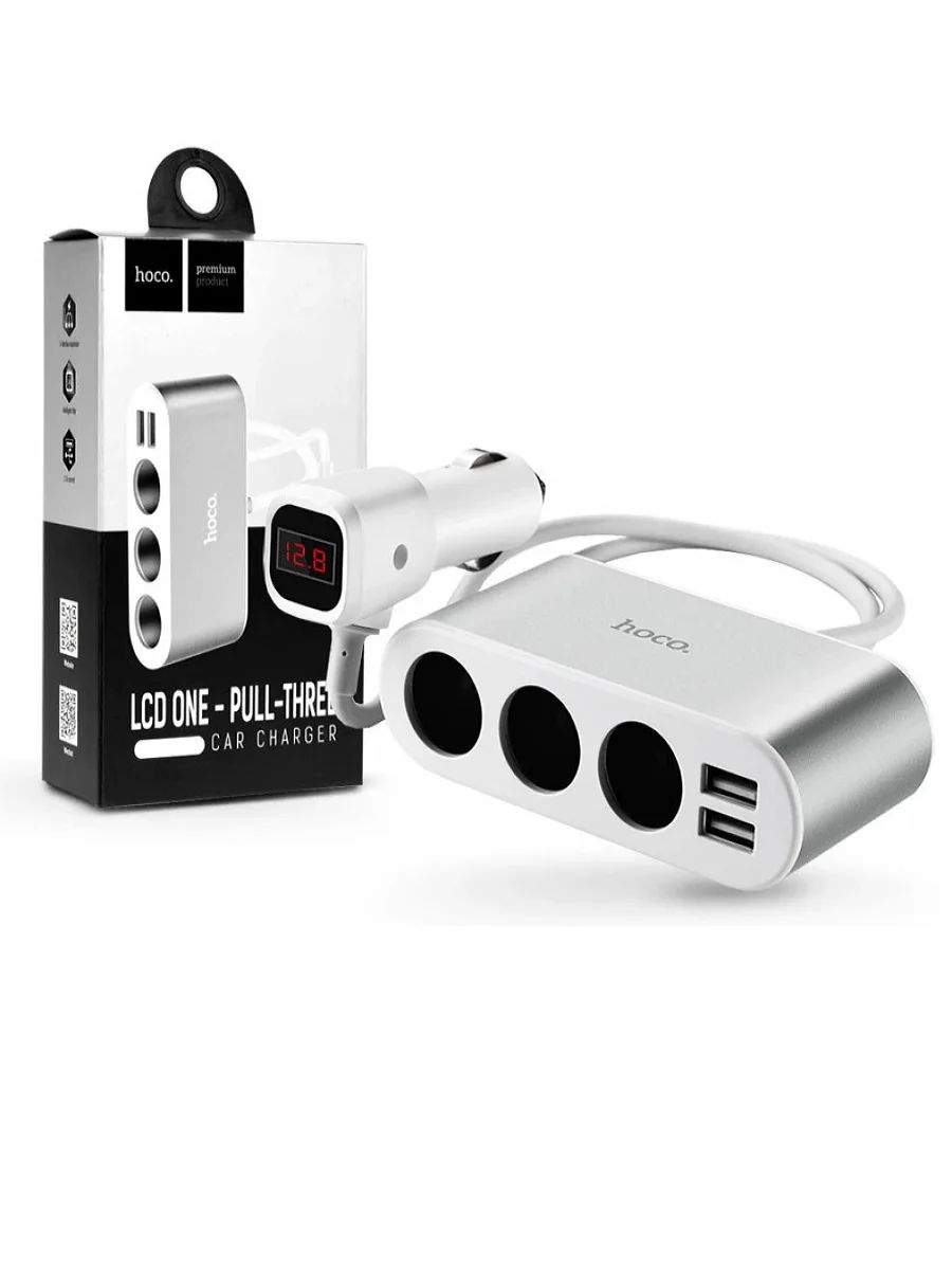 Разветвитель HOCO с 3 прикуривателями + 2USB портами 2 1A и цифровым дисплеем