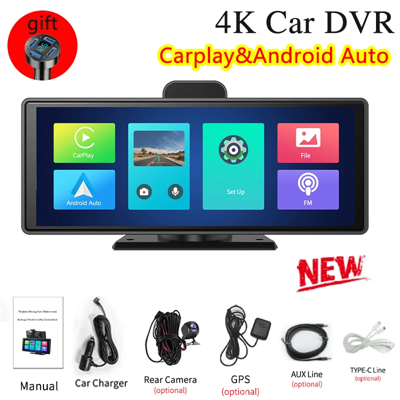 

Видеорегистратор автомобильный, 10,26 дюйма, 4K, Wi-Fi, AUX, GPS, FM