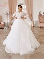 plus size wedding dress 2022 34 three quarter sleeve lace applqiue v neck ball gown ruffles tulle belt bridal gown bride female