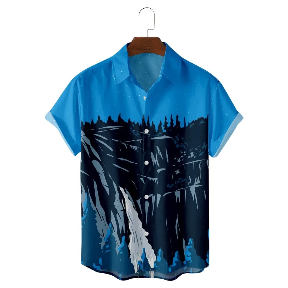 

2022 Cascading Waterfall Pattern Printed Shirts for Night, Trendy Casual Hawaiian Beach Style, Summer Shirts for Men