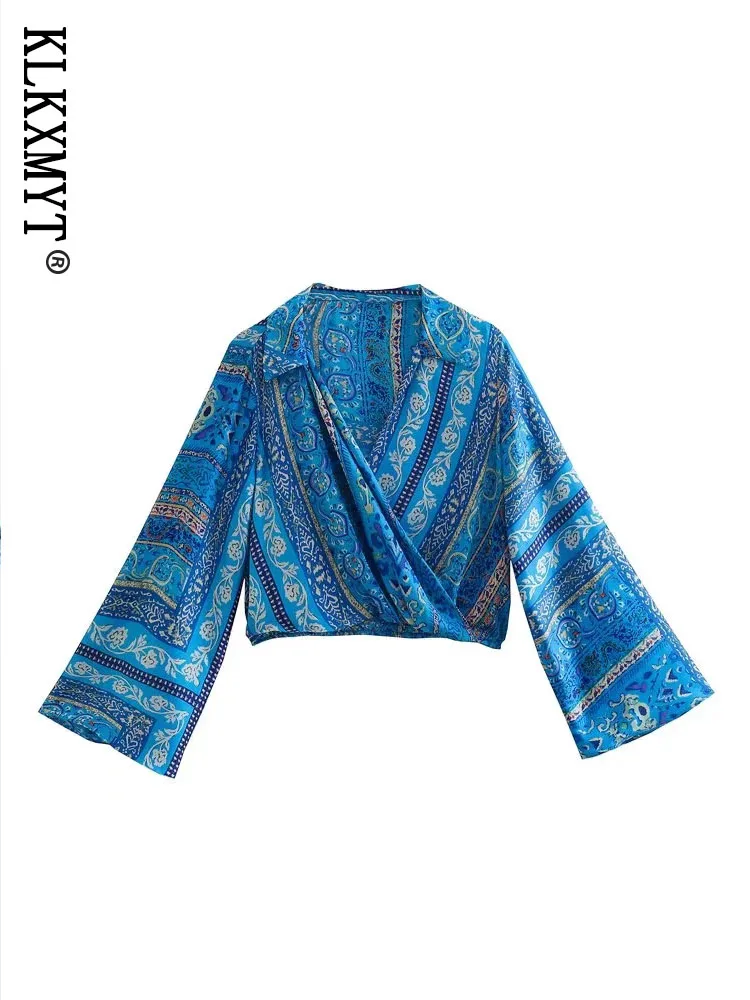 

KLKXMYT женские блузки 2022 Traf Новая модная блузка с принтом винтажные женские рубашки с длинным рукавом и V-образным вырезом шикарные топы