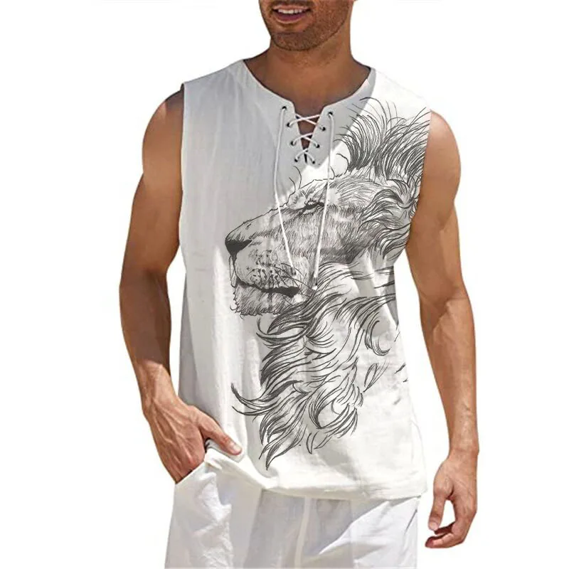 

Letnia moda męska lniana koszulka ze sznurkiem dekolt w serek bez rękawów hawajska nadmorska plaża Street Casual Gym Slim Top