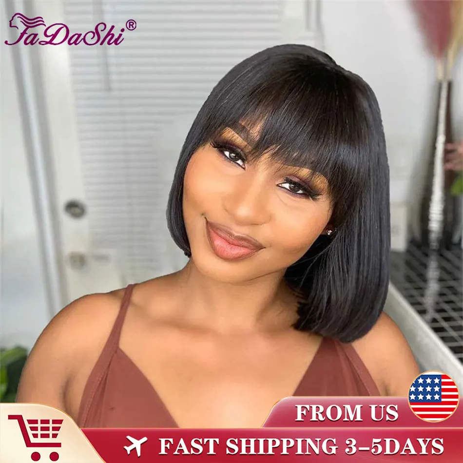 Straight Wig With Bangs Fringe Short Bob Human Hair Wig With Bangs For Women Peruvian Glueless Full Machine Made With Bangs