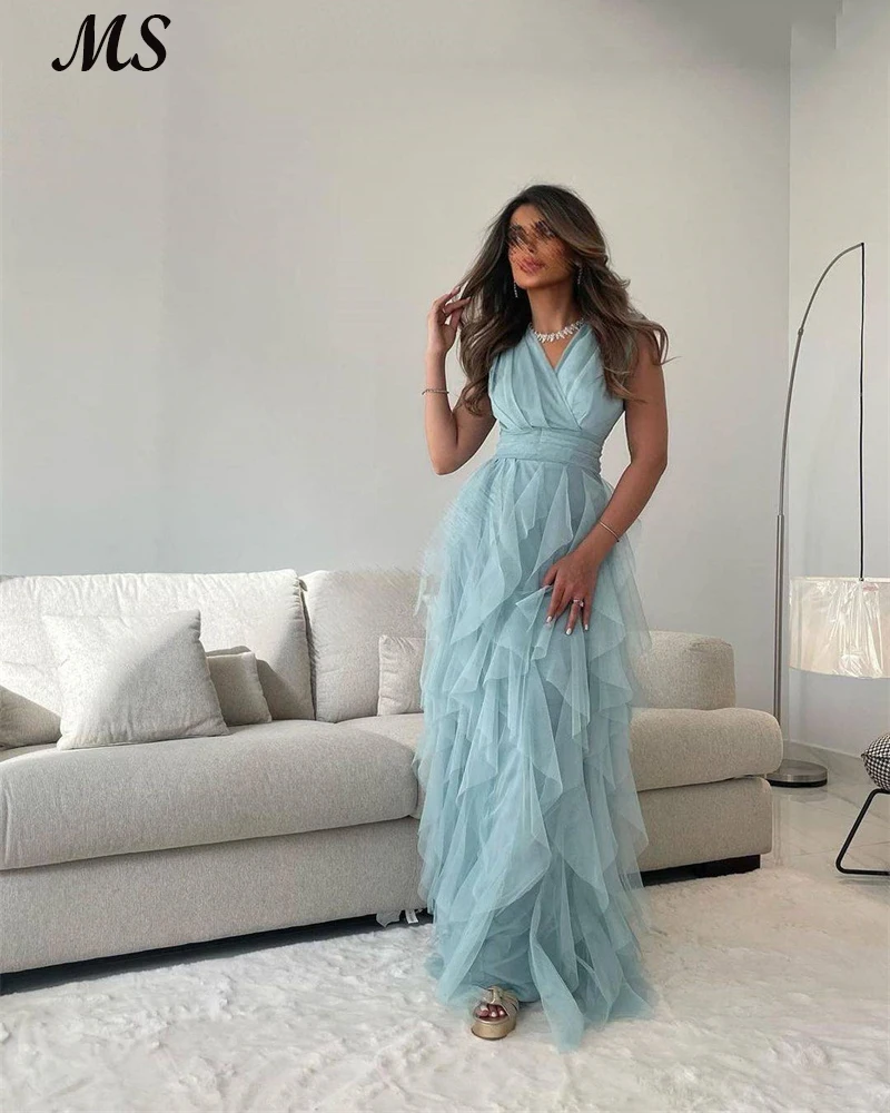 

MS Baby Blue Tulle A Line Evening Dress V Neck Floor Length Saudi Arabia Prom Gowns Sleeveless Vestido De Noche Party Dresses