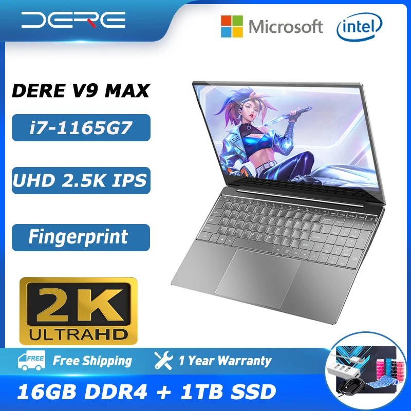 Dere V9 MAX Laptop 15.6'', Intel Core i7-1165G7, 16GB RAM + 1TB SSD, 2.5K IPS Screen, Computer Office Windows 11 Notebook
