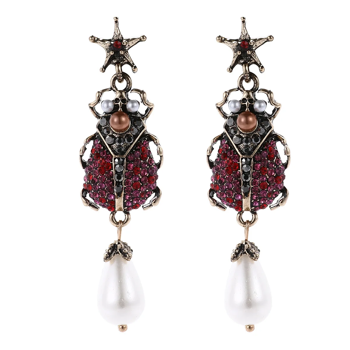 

2023 Antique Gold Plated Jewelry Art Deco Skull Insect Scarab Beetle Star Crystal Vintage Pearl Statement Earrings for Women