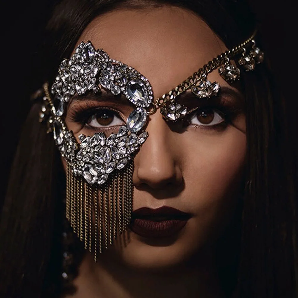 

Shiny Crystal Rhinestone Tassel Mask Face Chain Jewelry Women Halloween Half Mask Face Decoration Masquerade Party Headwear