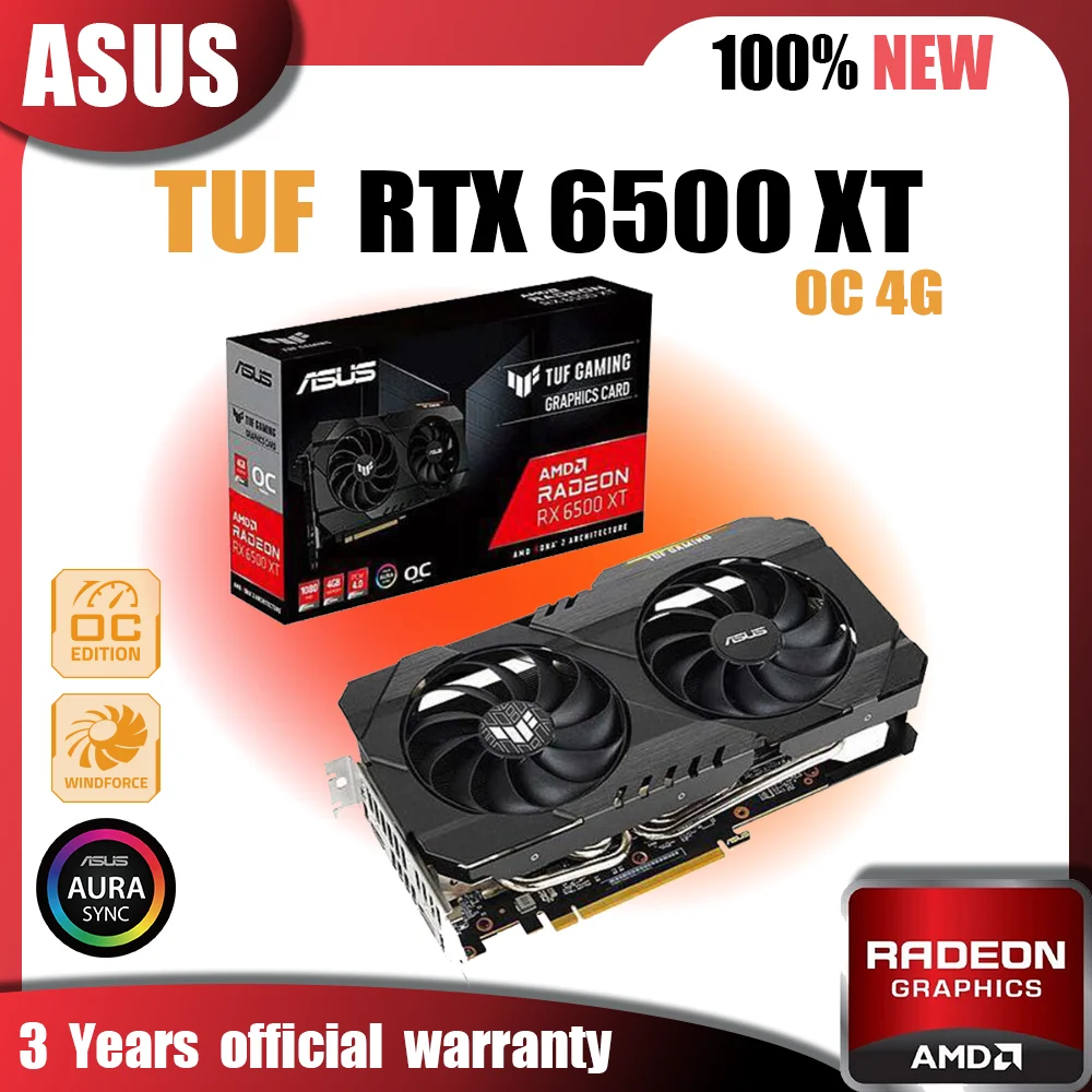 

New ASUS TUF RX 6500 XT O4G RGB Video Cards GDDR6 4GB Graphics Card GPU AMD RX 6500 XT PCIE4.0 64bit