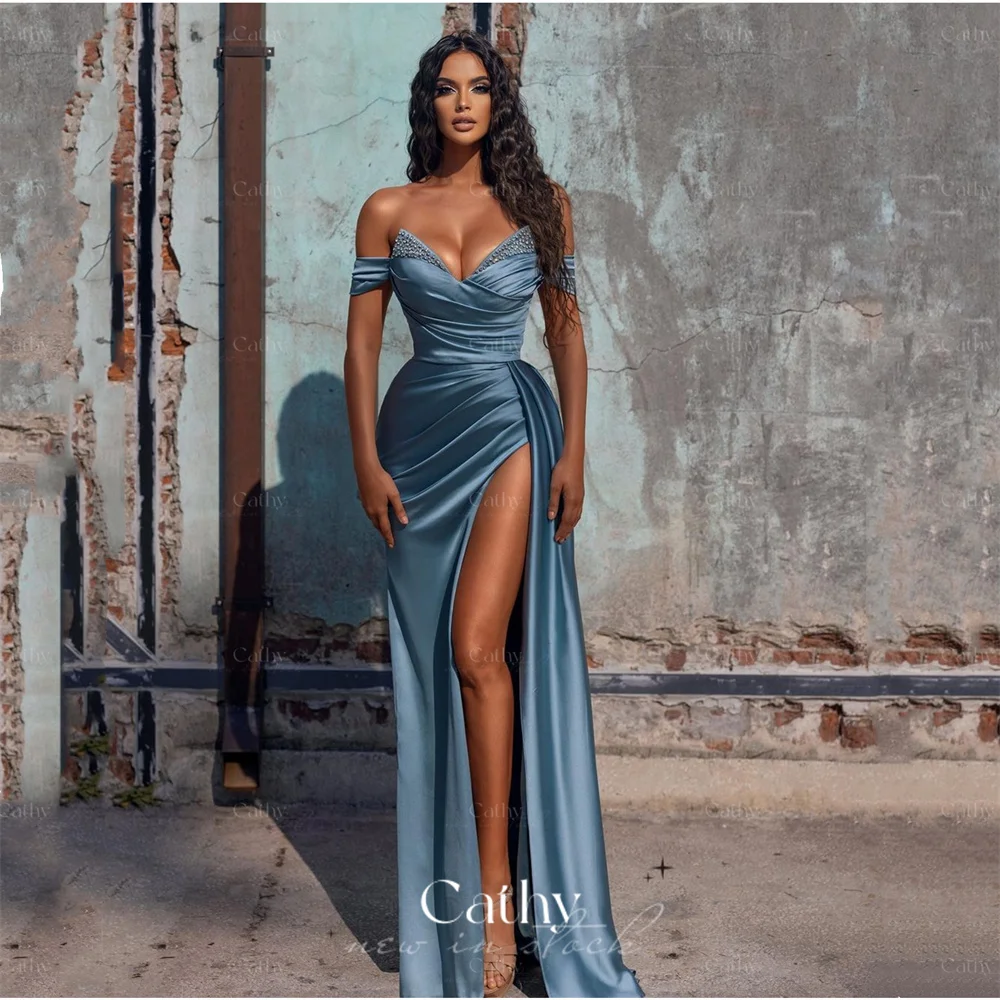 

Cathy Blue Beaded Off Shoulder Mermaid Ball Gown Ruched Satin Split Evening Dress Women's Long Dress Custom Vestidos De Fiesta