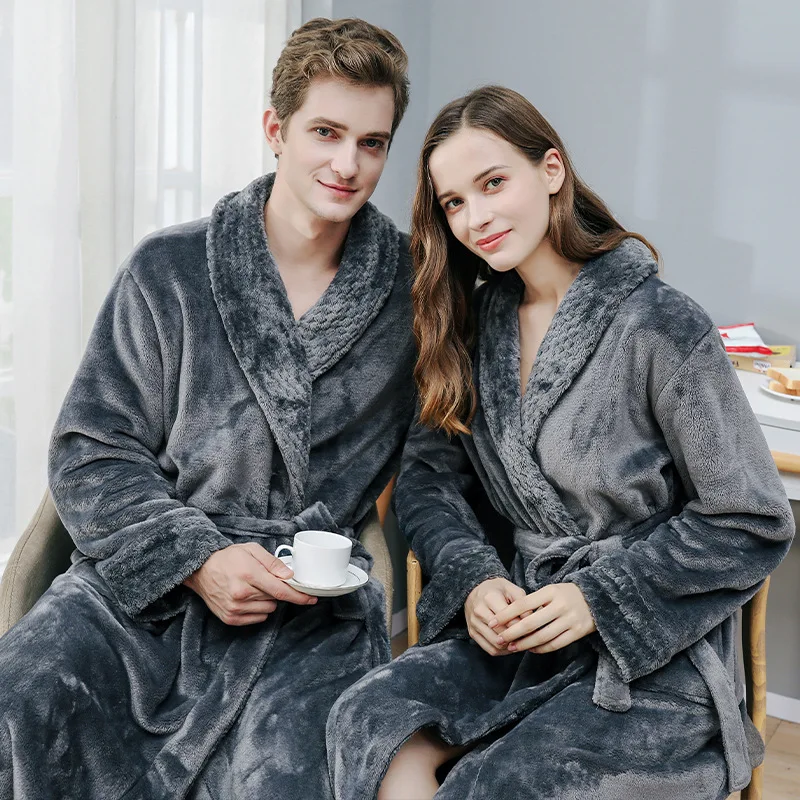Winter New Flannel Nightgown Mid-length Big Size Thickened Men's And Women's Couple Pajamas Bathrobe Lounge Nightgown Home Rob