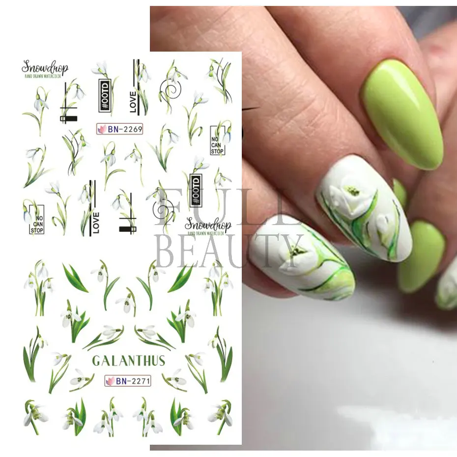 Tulip Stickers For Nails Summer Tulips Flower Leaf Spider Line Nail Art Sliders Galanthus Snowdrop Floral Manicure Decor BN-2273 images - 6