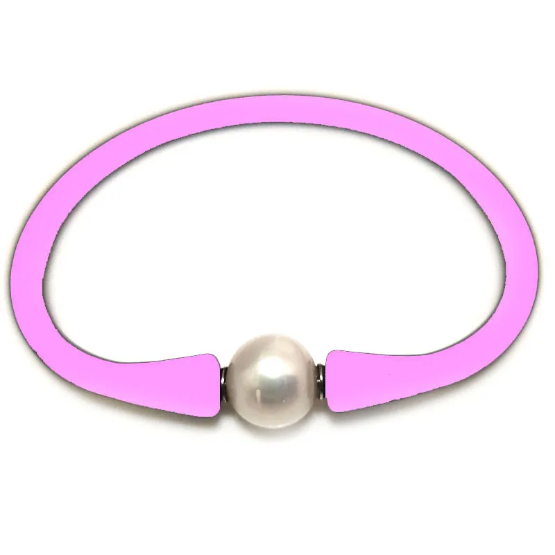 6 inches 10-11mm Natural Round Pearl Pink Rubber Silicone Bracelet