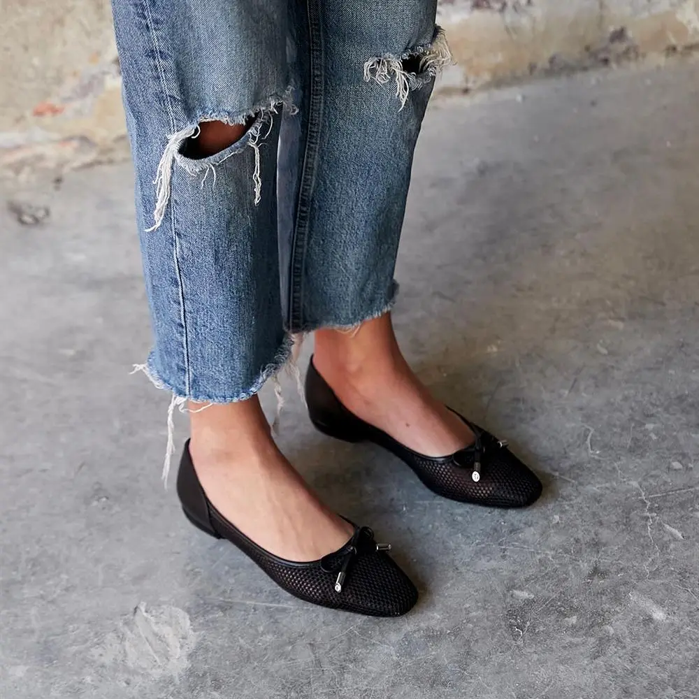 Grace Interior Quality Faux Leather Exterior Mesh Bow and Glass Stone Detailed Ballet Poshnmore Nude Black Summer Shoes