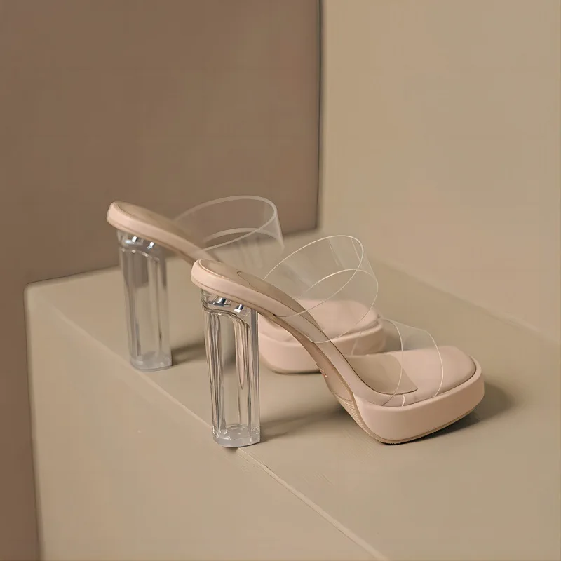 

High-heeled Sandals Open-toed One-word With Transparent High-heeled Shoes Feel Thick-soled High-heeled Shoes Summer