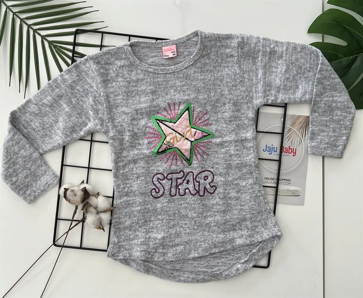 

Jaju Baby Gray Color Star Embroidered Girls' Soft Sweatshirt