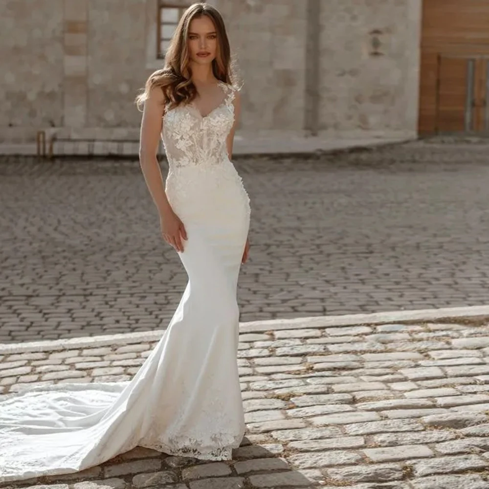 

Sexy Lace Mermaid Wedding Dresses V Neck Applique Beading Pearls Backless Jersey Floor Length Long Bride Gowns Vestido De Noiva