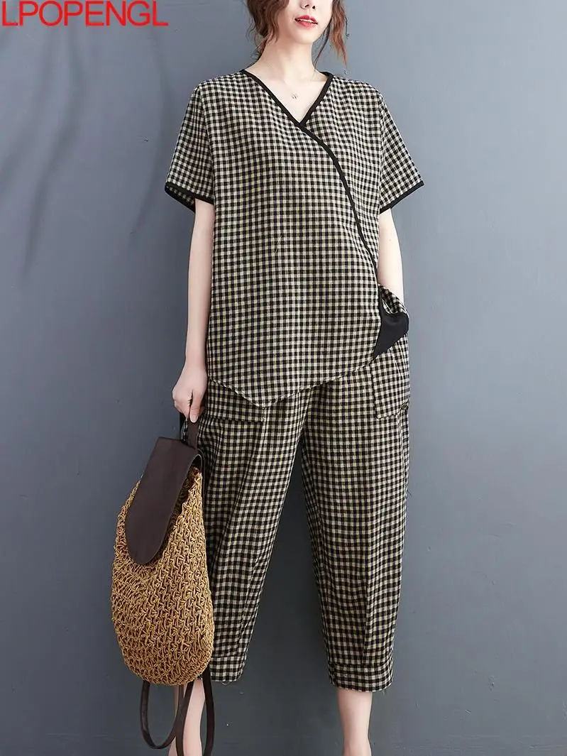 

2022 Summer Indie Folk Fashion Clothing Women Cotton And Linen Two Pieces Set Plaid Casual Ladies Pullover Tops calf-length pant