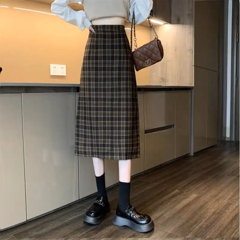 

Осень 2022, Женская универсальная клетчатая юбка в стиле ретро с высокой талией