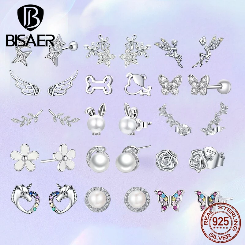 BISAER 925 Sterling Silver Stud Earrings Flowers Plated Platinum Animal Rabbit Butterfly Ear Original Design Women Fine Jewelry