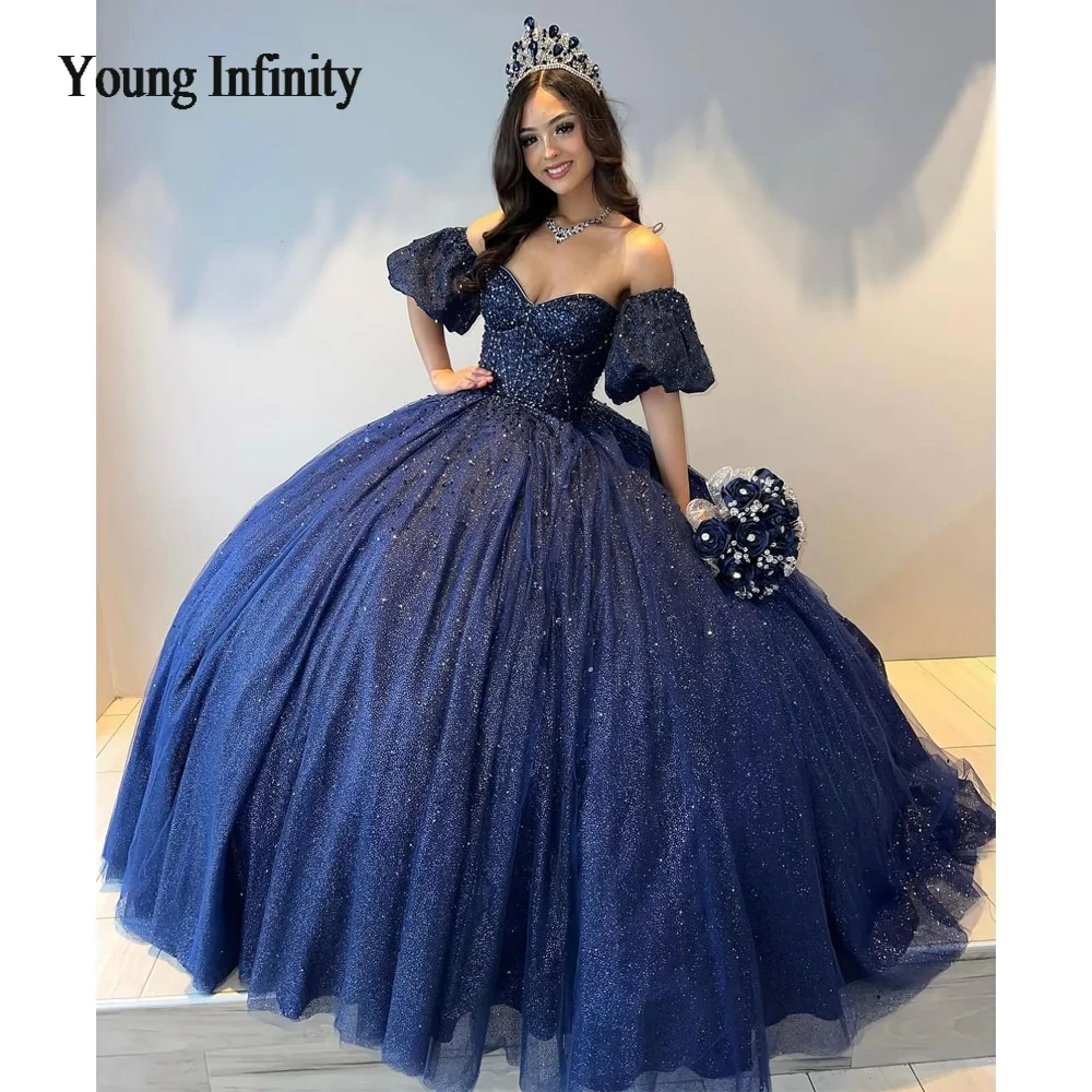 Новое синее платье Quinceanrea со съемными рукавами XV с открытыми плечами для