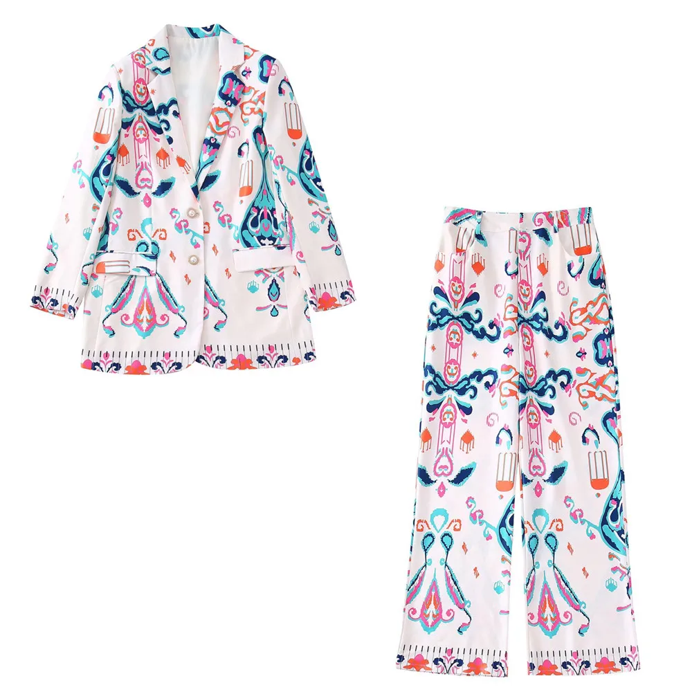 

PB&ZA 2022 Summer New Women's Fashion Fashion Single-breasted Printed Suit Jacket High Waist Straight Trousers Two-piece Set