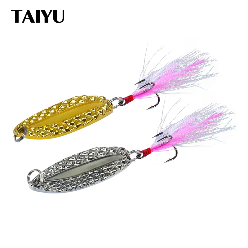 

TAIYU 2.5/3.5/5/7/10/15g Rotating Metal Spinner Spoon fishing lures for Trout Pike Fishing Treble Feather Hook artificial bait