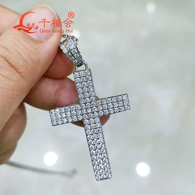 28.5*52.5mm cross three rows   D VVS white round  moissanite pendant  925 Sterling Silver  hip hop Jewelry  Engagement datting