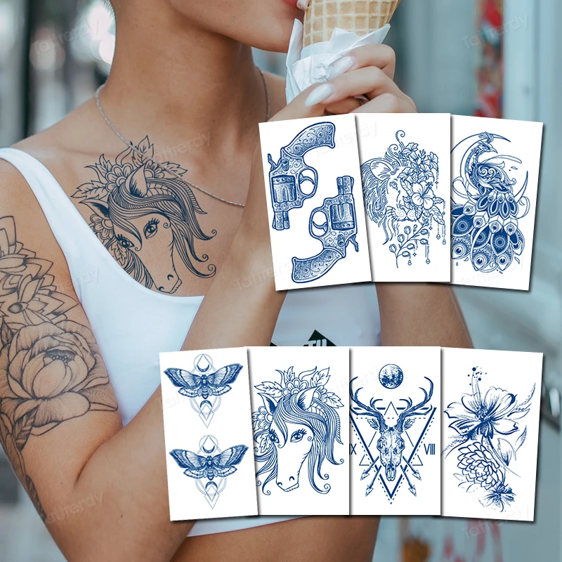 

8Pcs/Lot fake tattoo sticker herbal juice ink long lasting waterproof temporary tattoos arm sleeve shoulder body art painting