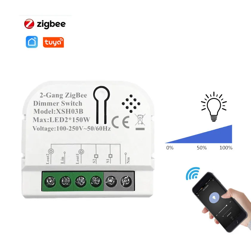 Tuya Smart Zigbee Dimmer Switch Module 2 Gang With Neutral 2 Way Wireless Control Works With Alexa Google 100-240V Automation