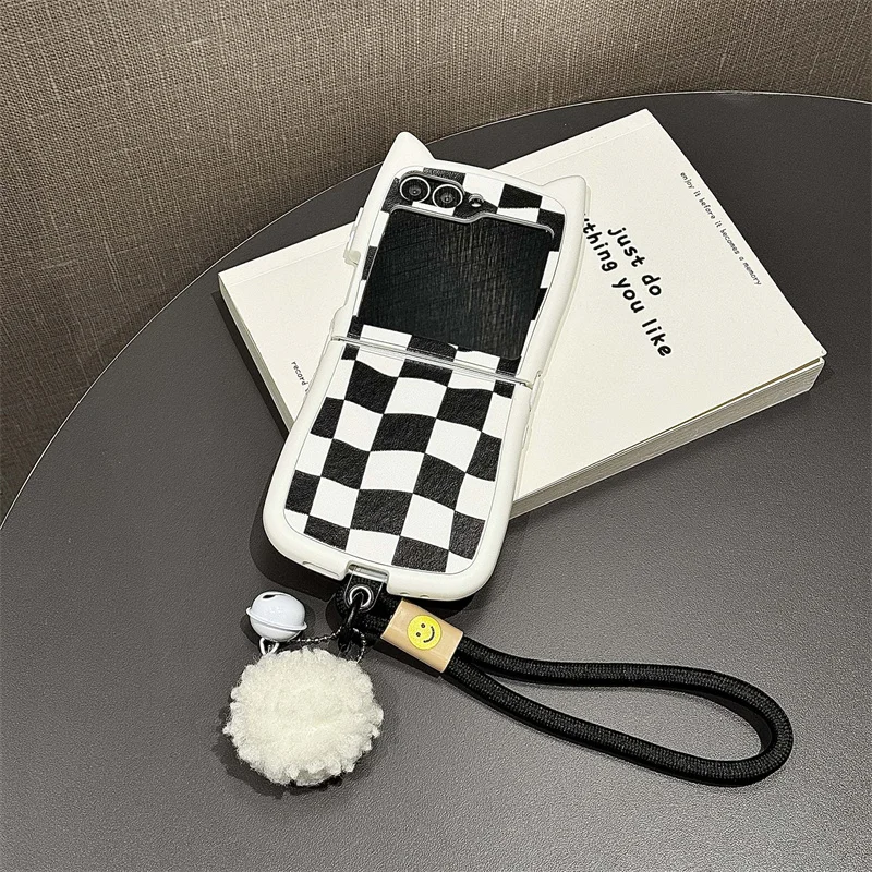 Cartoon Cat ears Plaid leather wristband Case Samsung Galaxy Z Flip 6 5 flip 3 4 Hand cord Cute plush shockproof cover fashion