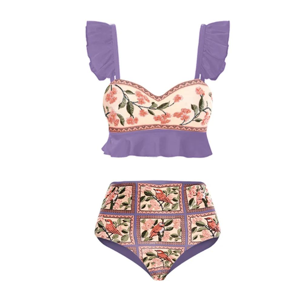 Fashion Ruffled Pleated Print Bikini Two Piece High Waist Cut Slim Fit Elegant Beachwear Backless Sexy Women Swimwear Push Ups