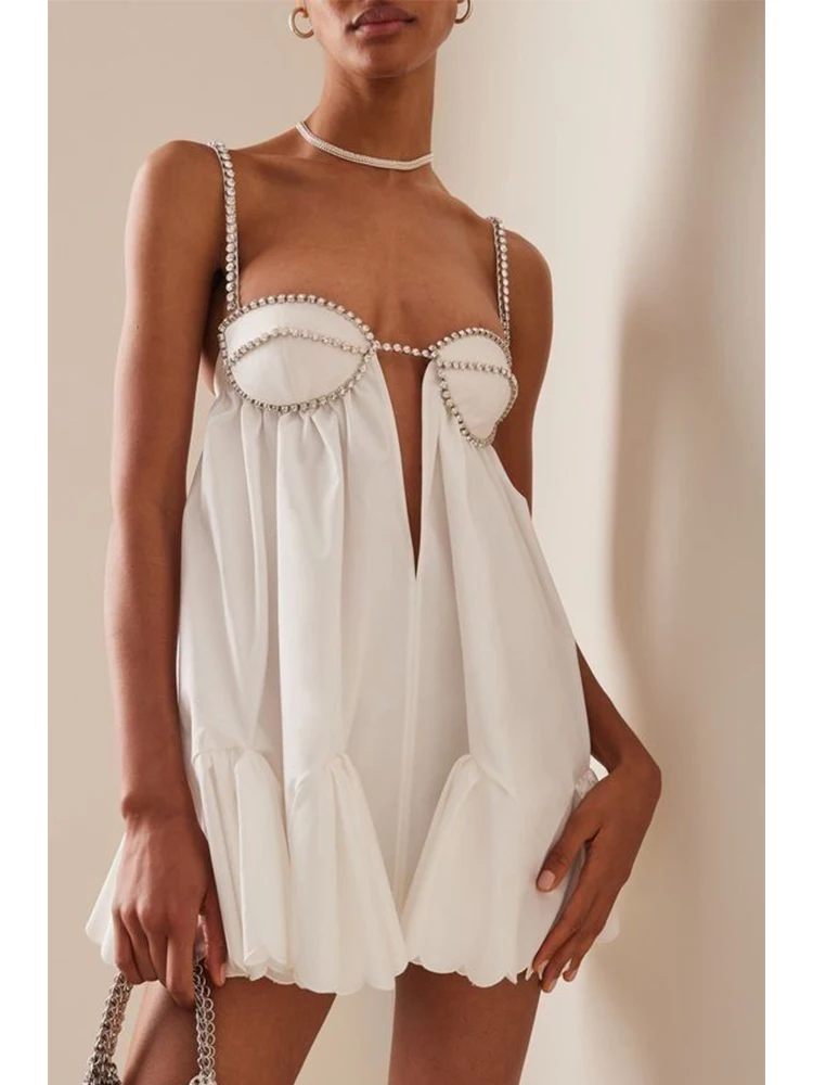 

Large Backless Diamond Chain Strap Slip Dress Satin Party Dress Square Collar Solid Color Mini Women Summer Dresses Vestido Robe