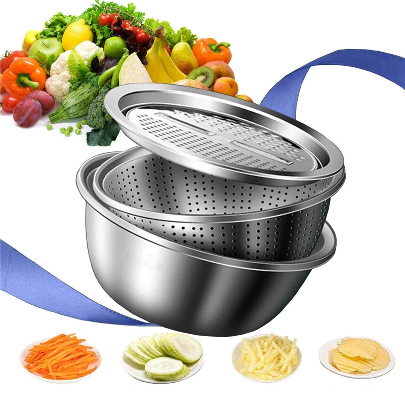 

3 in 1 Vegetable Slicer Cutter Drain Basket Stainless Steel Multipurpose Vegetable Julienne Grater Salad Maker Bowl Kitchen Use