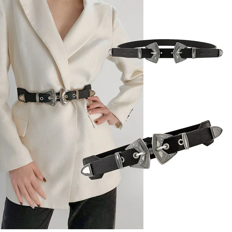 Double Buckle Head Retro Belt Personality Carved Three Pieces Punk Waist Strap Ladies Elastic Dress Coat Decorative  Waistband