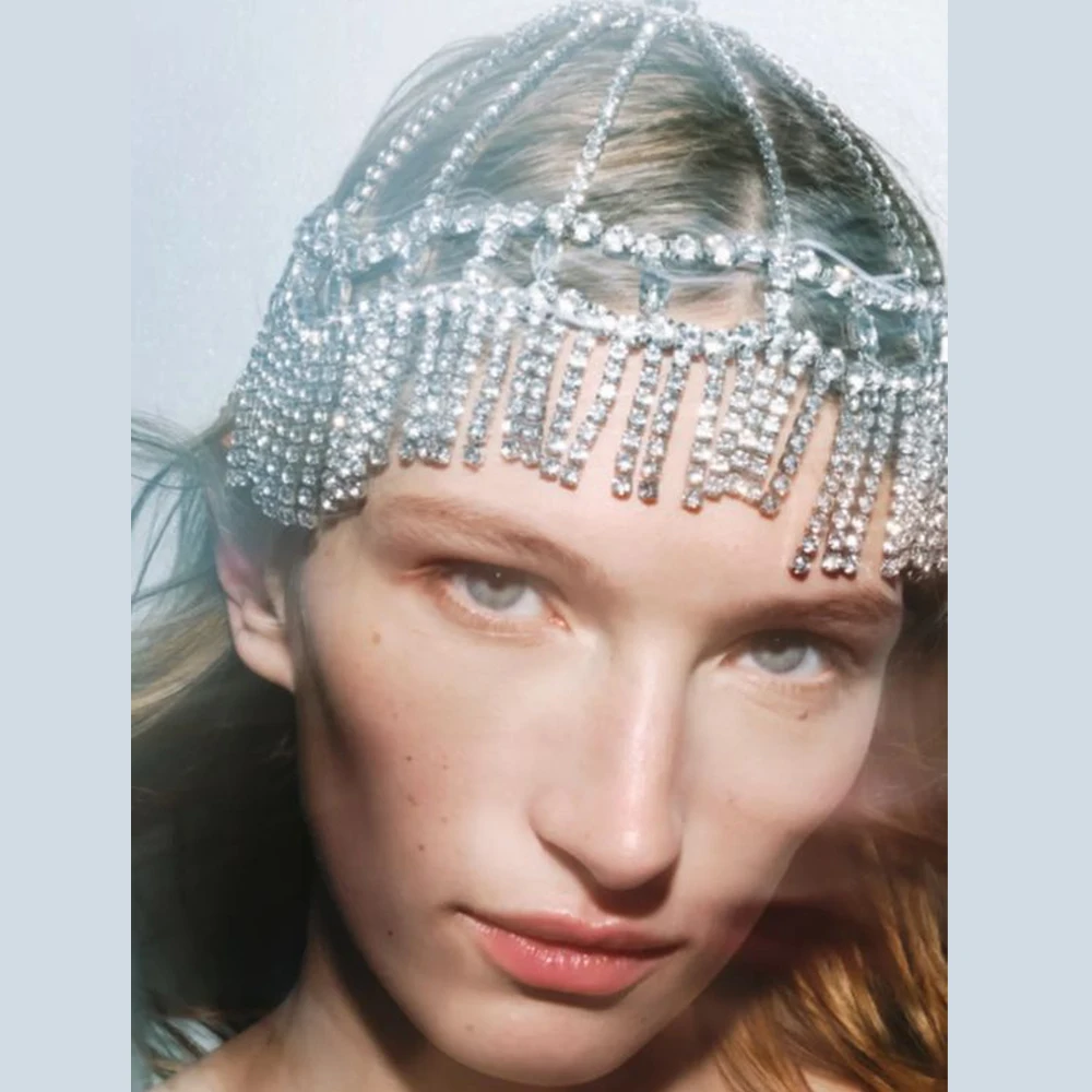 

Fashion Tassel Headpiece Chain Hair Accessories for Women Bride Head Wear Hollow Crystal Hat Cap Luxury Tiara Wedding Jewelry