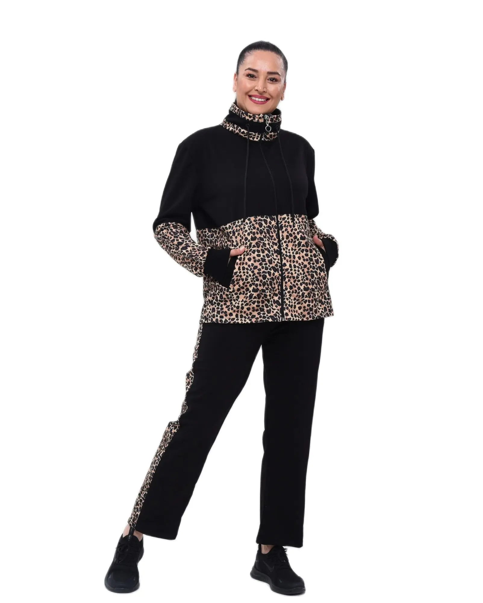 Women’s Plus Size Black Sweatsuit Set 2 Piece Stand-Up Collar Leopard Detail Tracksuit, Designed and Made in Turkey, New Arrival