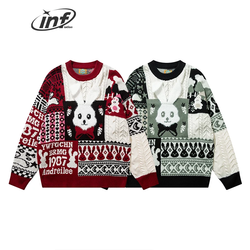 

INFLATION Red Rabbit Graphic Christmas Sweaters Unisex Merry Christmas Knit Jumpers