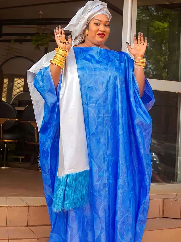 

Original Bazin Riche Long Dress With White Shawl And Scarf Large Size Dashiki Dresses Robe For African Women Party Outfit Dress