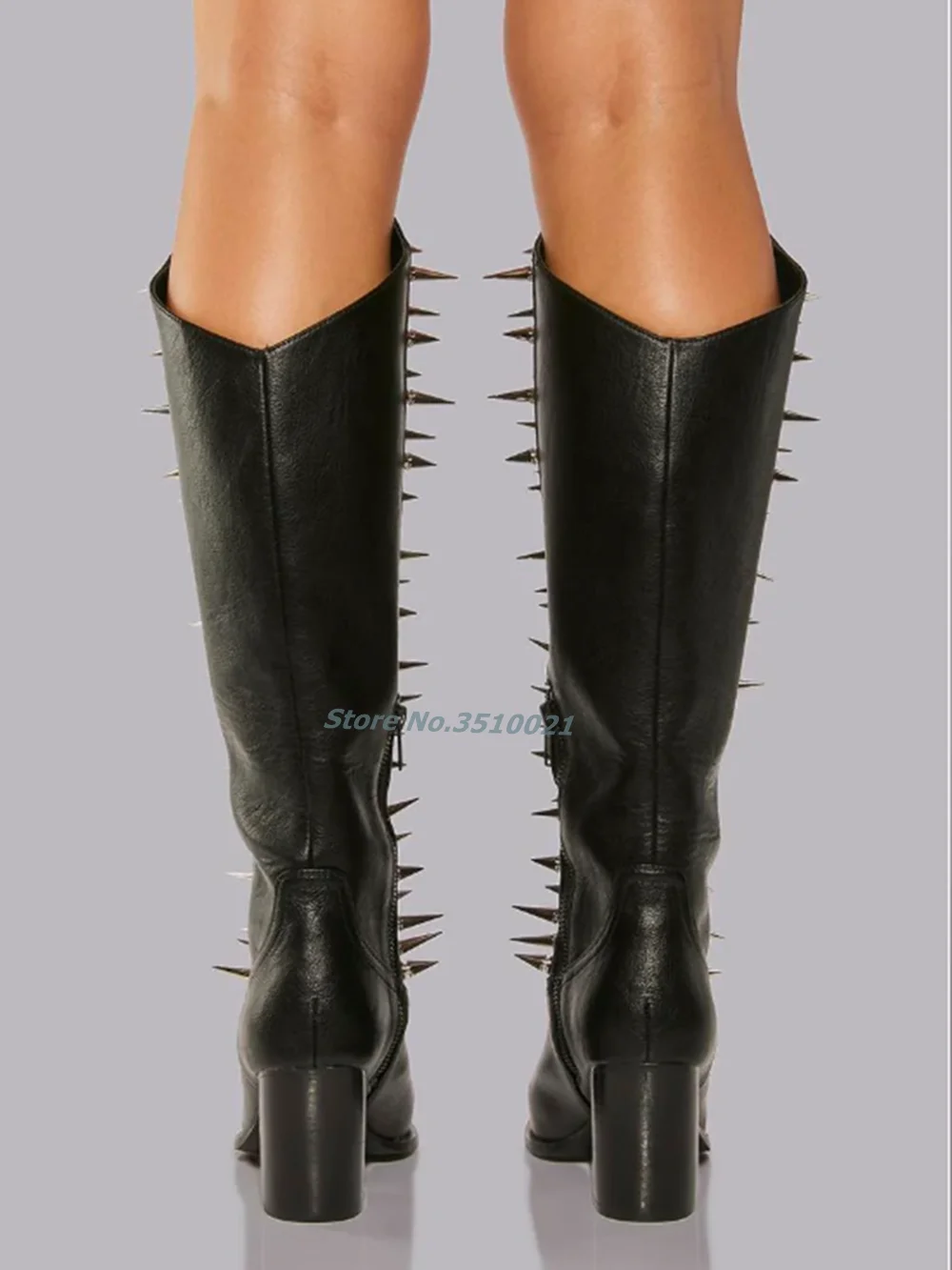 Long Spiked Rivet Cowboy Boots Pointed Knee-High Chunky Block Heels Side Zip Sexy Black Leather Solid Color Punk Style Shoes