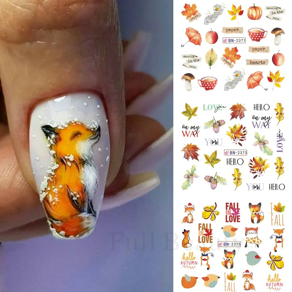 12pcs Cute Fox Sticker Fall Nail Design Water Decals Mapleleaf Autumn Sliders Art Deco Manicure Accessories CHBN2365-2376 - купить по