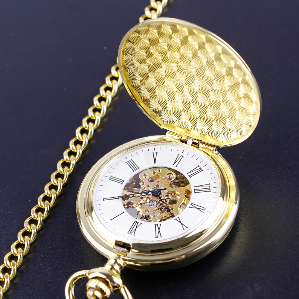 Gold Luxury 2 Sides Open Case Pocket Watches Mechacnical Hand Wind Casual Fashion Mens Pocket Watch Necklace Exquisite Gift
