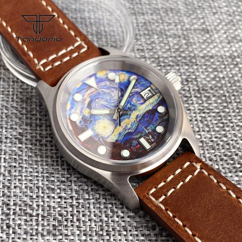 Фото Tandorio Pilot Style NH35 Starry Sky Dial Автоматические часы для погружения 36 мм Мужские часы 20 атм Дата Полностью светящиеся механические наручные часы Кожаные №4