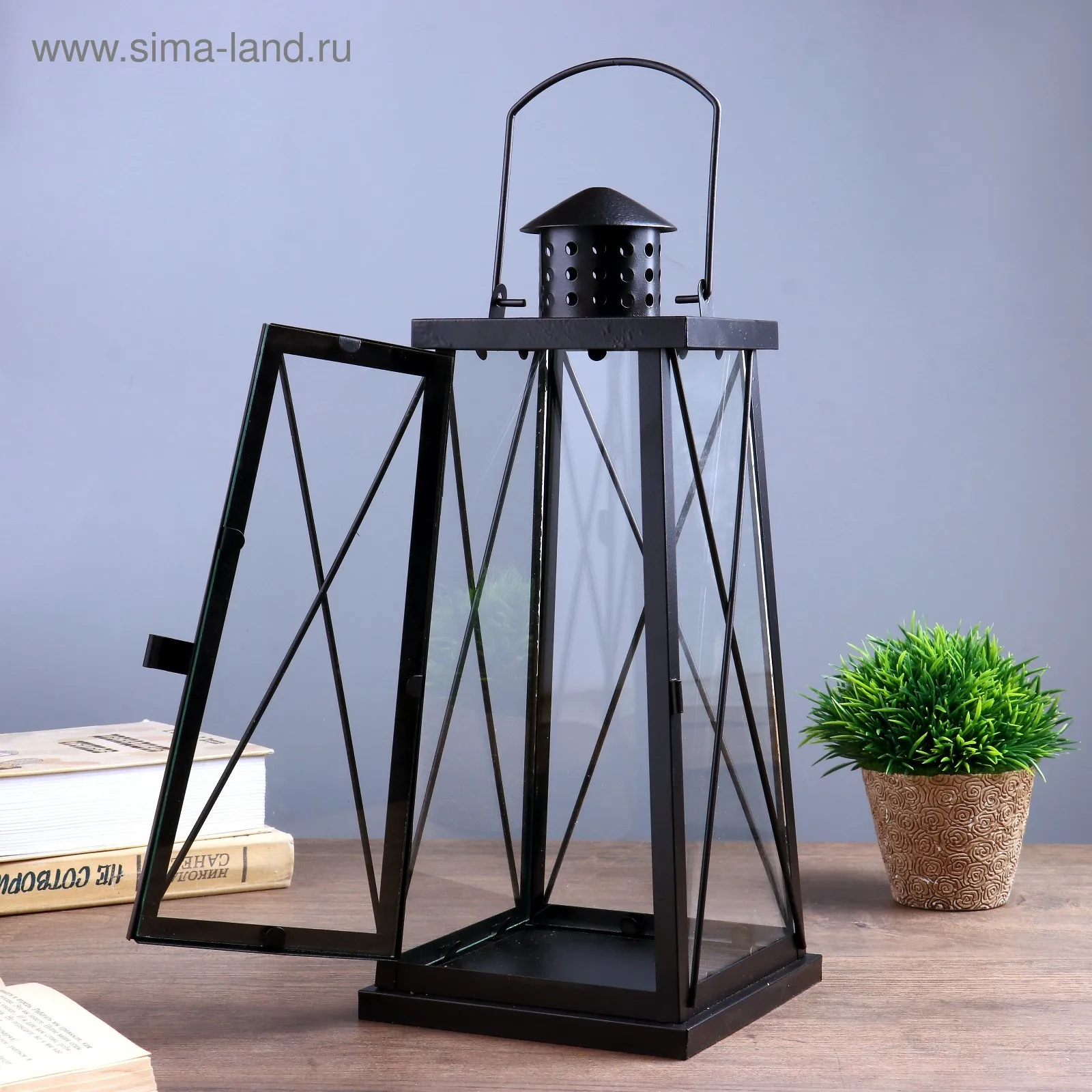 Подсвечник металл, стекло на 1 свечу Фонарь чёрный 35х15х15 см 4543475s