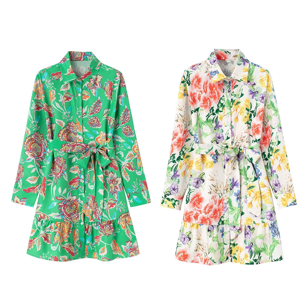 

Zach AiIsa New Women's Sweet Ruffle Hem Layered Vintage Print Lapel Long Sleeve Shirt Style Resort Casual Lace Up Dress