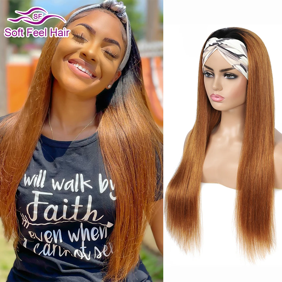 Glueless Straight Headband Wig Human Hair 200% Density Brazilian Human Hair Wigs 1B/30 Brown Color for Black Women Remy Hair
