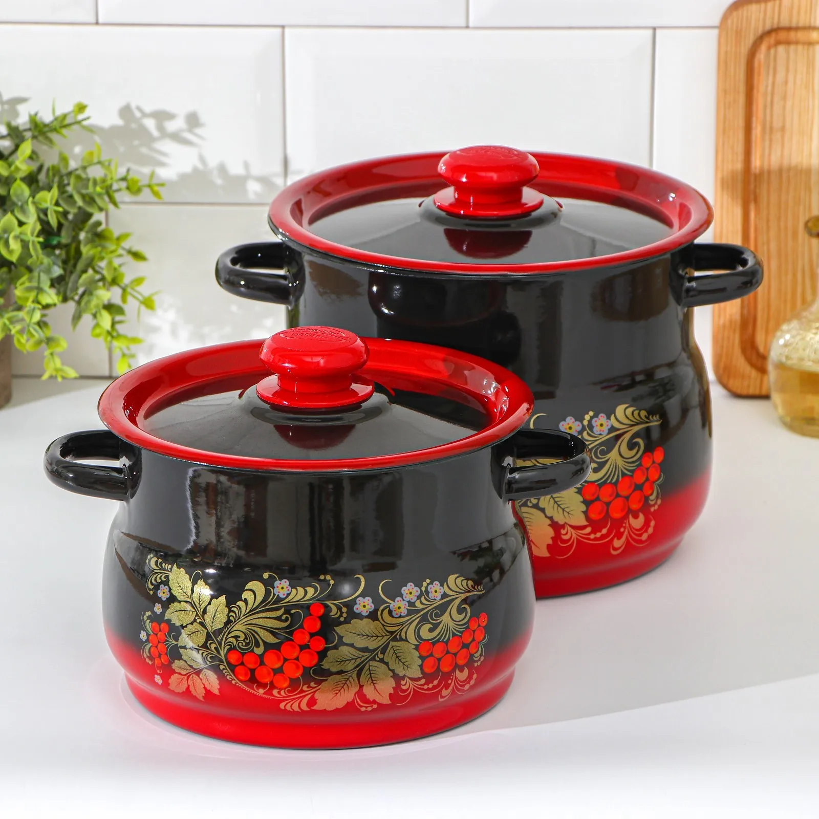 Набор кастрюль Рябинка 2 предмета: 4/5 5 л эмалированные крышки индукция цвет