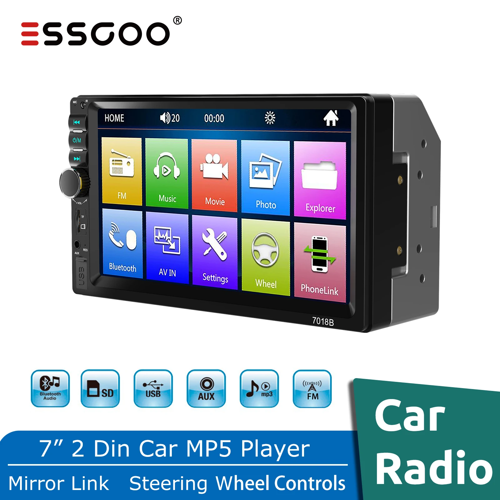 

Мультимедийная магнитола ESSGOO, мультимедийный MP5-плеер на руль, с 7 "сенсорным экраном, AUX, USB, TF, Bluetooth, FM, типоразмер 2 Din