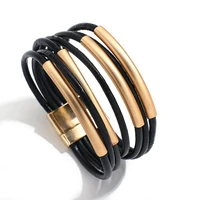 amorcome bohemian simple thick curved tube leather bracelet for women metal bars charm wrap bracelets bangle female jewelry